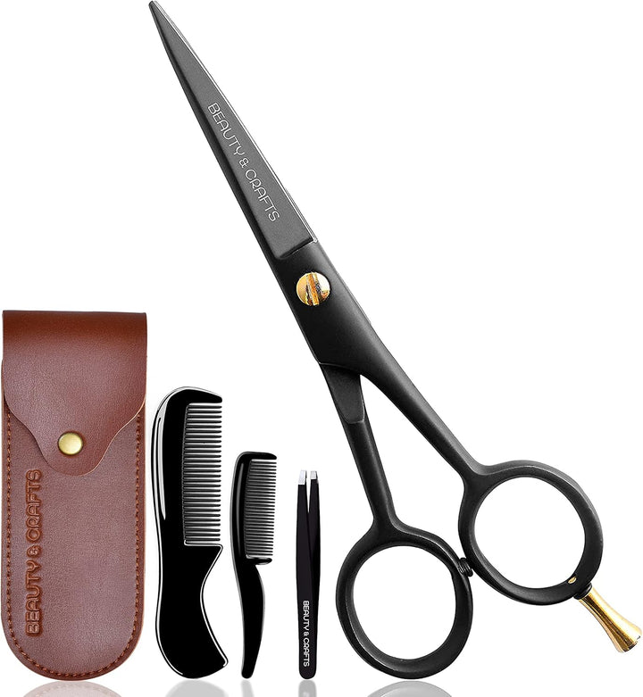 - 5'' German Beard Mustache Scissors - 2 Mustache Comb for Facial Hair with Beautiful Pouch - Beard Trimming Scissors Use for Grooming, Cutting, and Styling of Mustache (Black)
