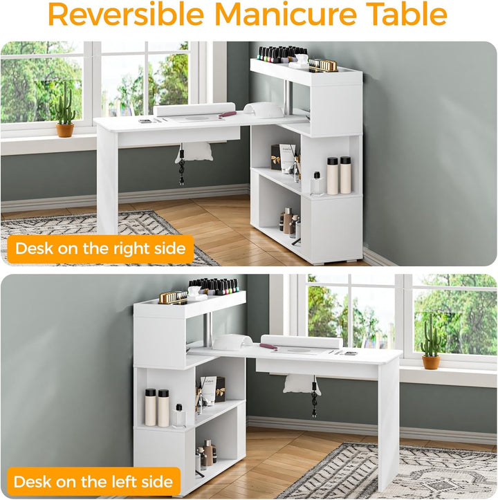 Manicure Table, L-Shaped Nail Tech Desk with Dust Collector, Reversible Rotating Table & Storage Shelf, Acetone Resistant Beauty Salon Station, White