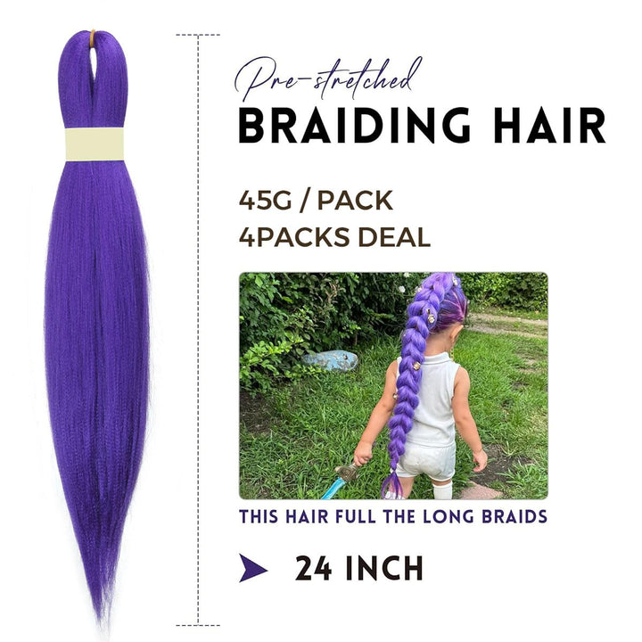 4 Packs 24 Inch Synthetic Braiding Hair Extensions, Purple Pre-Stretched Braiding Hair for Girls for Box Braids, Halloween Cosplay Party