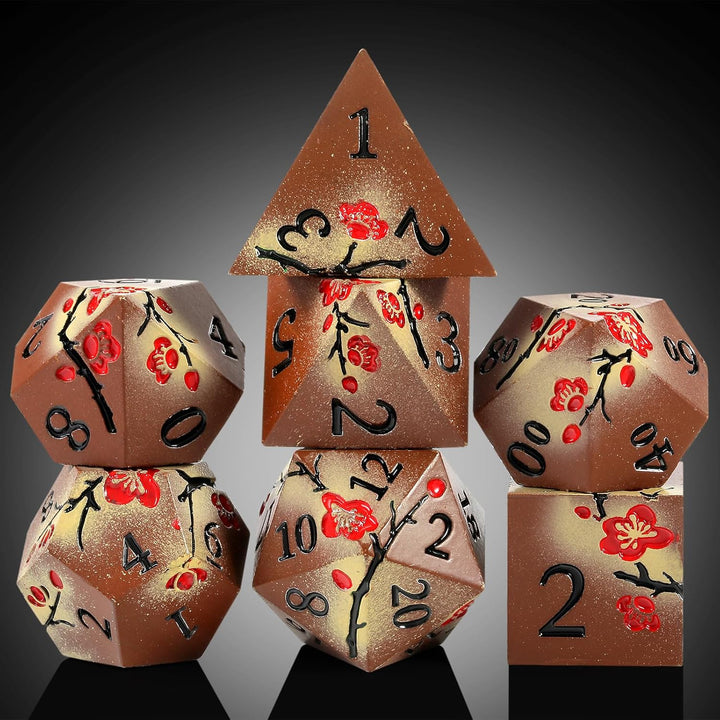 Metal Dice Set DND,  7 PCS Metallic Flowers D&D Dice with Gorgeous Gift Case for D&D Dungeons and Dragon Tabletop Game (Brown and Cream-Coloured)