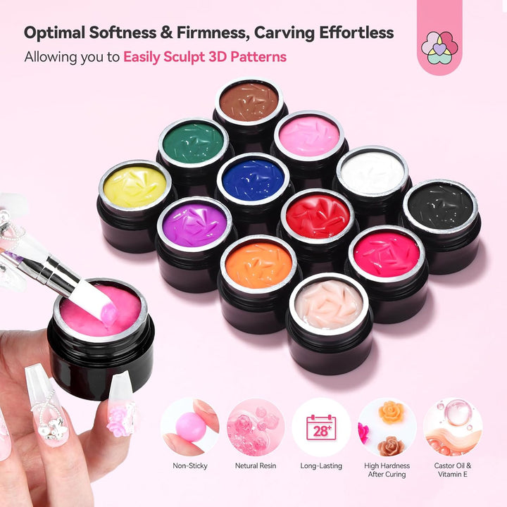 Sspro X 3D Nail Gel Set: 12 Colors Non-Sticky Soak off 3D Sculpting Gel for Nail Art Painting Drawing Hand Carving Molding with Sculpture Pen for 3D Nail Art Design Home Salon Manicure DIY