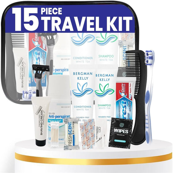 Travel Toiletry Kit for Men and Women – 15 Piece Set of Travel Size Toiletries, TSA Compliant, Includes Shampoo and Conditioner, Body Wash, Toiletry Bag & More