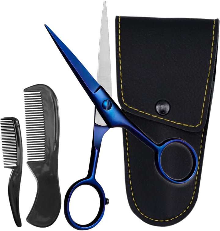 Mustache Scissors for Men - 5-Inch, Black - German High-Carbon Steel Bevel-Edge for Precision - Beard Trimming Scissors - Includes Grooming Kit with Mustache & Beard Combs & Carrying Pouch