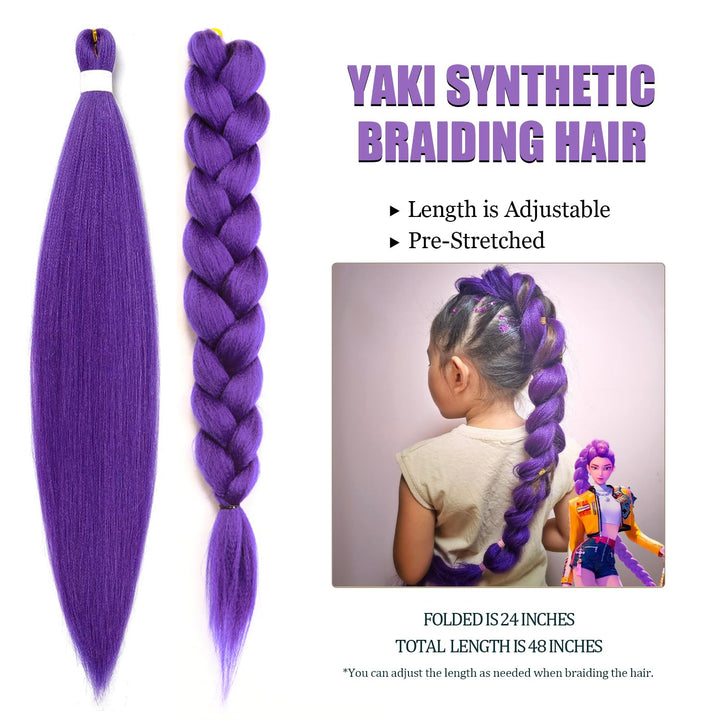 Long Purple Braiding Hair Pre Stretched -Purple Hair Extensions for Braids Synthetic Braiding Hair for Stage Party Halloween Costume Cosplay (Purple, 24 Inch(Pack of 2))