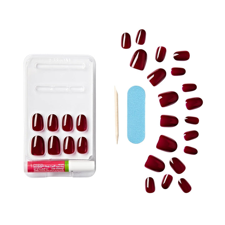 Gel Fantasy, Press-On Nails, Nail Glue Included, 'One Call', Red, Short Size, Oval Shape, Includes 28 Nails, 2G Glue, 1 Manicure Stick, 1 Mini File