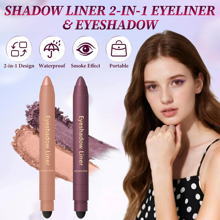 Shadow Liner 2In 1 Eyeliner Eyeshadow, Shadow Liner Duo Plum, Eyeliner + Eyeshadow, Waterproof, Smooth, Long-Lasting & Smudge-Proof Wear,Easy to Color（Champagne+Purple）