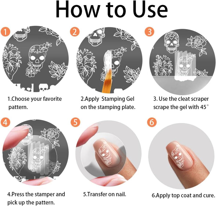 3Pcs Gothic Skull Nail Stamper, 58 Patterns Horror Skeleton Flower Nail Stamping Plate Nail Art Stencils Stainless Steel Nail Image Plates for Nail Design Print Manicure Salon Halloween