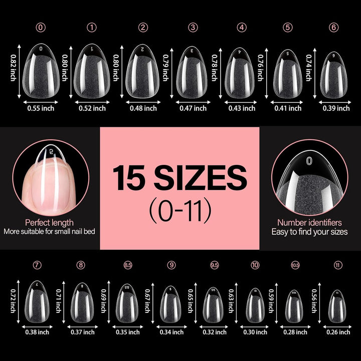 Short Almond Nail Tips Pre-Shaped Acrylic Nail Tips Half Matte Full Cover Nails Tips Clear Gelly Press on Flase Tip Nail for Extension Nail Manicure Home DIY 240PCS 15Sizes