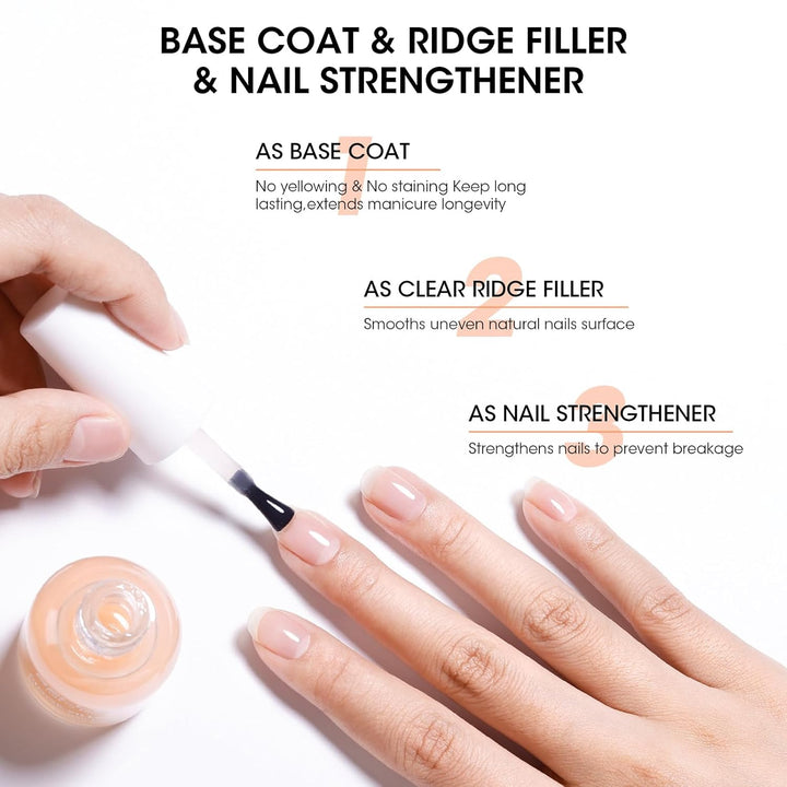 Clear Nail Polish Ridge Filling Base Coat, Nail Strengthener and Growth, Ridge Filler for Nails, Hydrate Strengthen Nourish Damaged Dry Natural Nails, Shea Butter & Vitamin E & Protein Formula