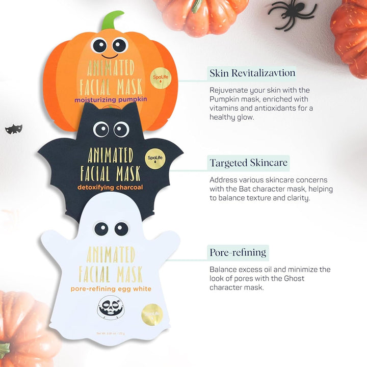 Facial Mask Sheet Bundle - Pumpkin, Ghost, Bat - Halloween Character Mask Bundle - Face Masks for Skin Care - Moisturizing Sheet Face Masks - Skincare Pack for Women - Spa Beauty Masks