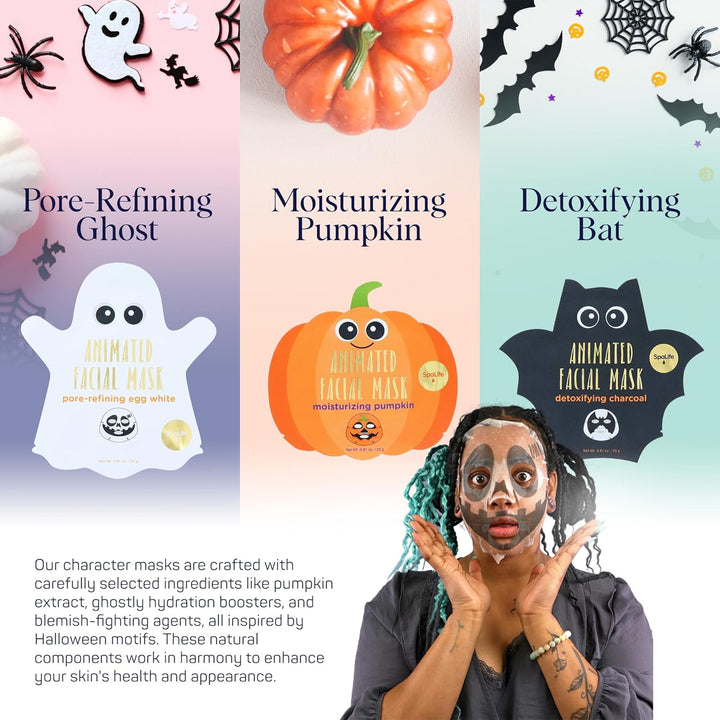 Facial Mask Sheet Bundle - Pumpkin, Ghost, Bat - Halloween Character Mask Bundle - Face Masks for Skin Care - Moisturizing Sheet Face Masks - Skincare Pack for Women - Spa Beauty Masks