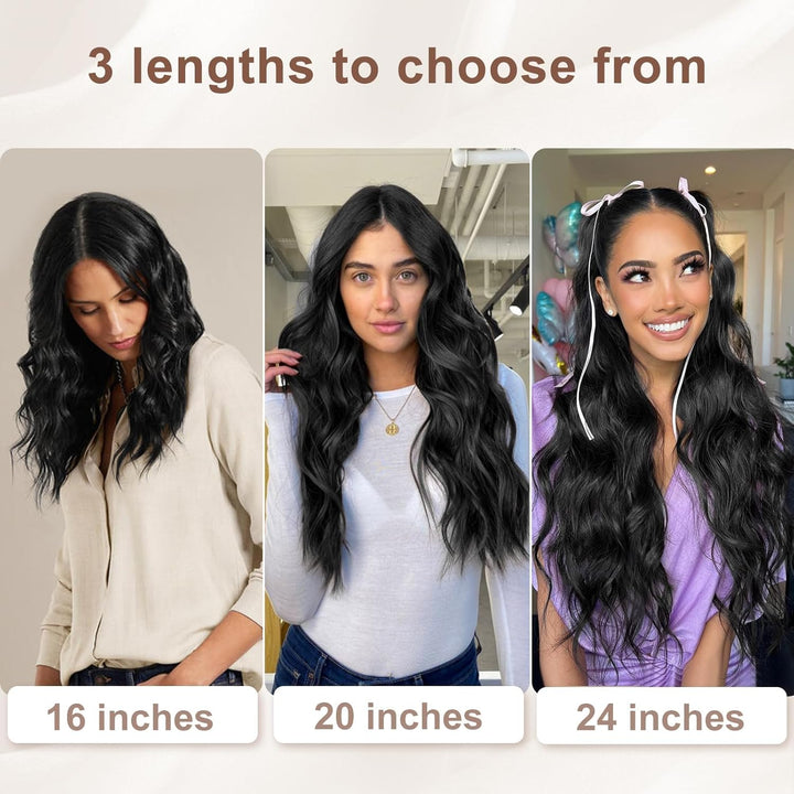 Clip in Long Wavy Synthetic Hair Extension 24 Inch Black 4PCS Thick Hairpieces Fiber Double Weft Hair for Women