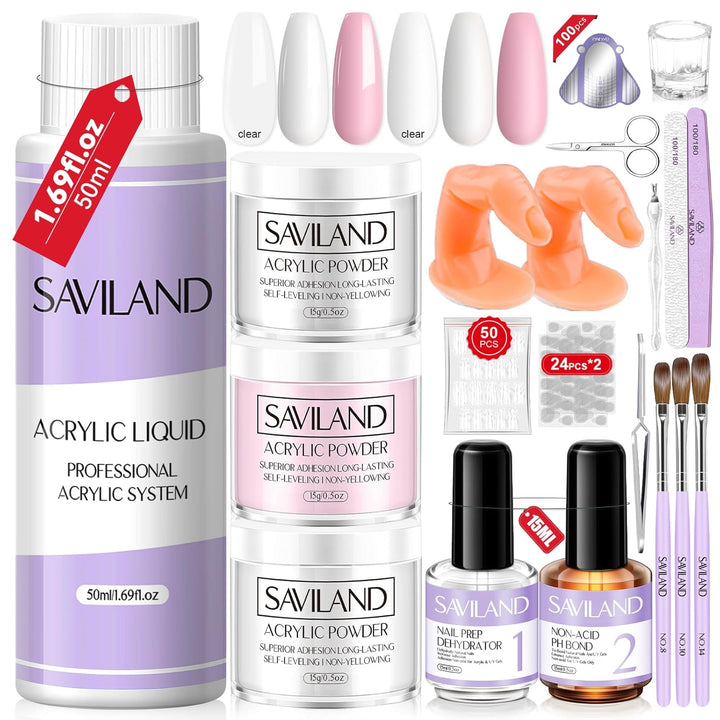 Acrylic Nail Starter Kit: Clear Pink Nude Acrylic Powder & Liquid, Brush, Files, Forms, Press on Nails, Home Practice Set