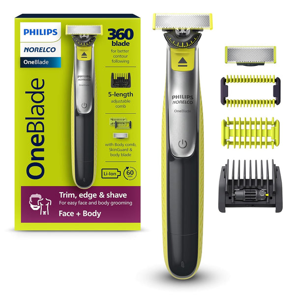 Oneblade 360 Hybrid Blade for Face + Body, Electric Beard Trimmer, Shaver and Groomer, with 360 Blade Technology, 5In1 Adjustable Comb, 1X Body Kit, Model QP2834/70, Black/Lime Green