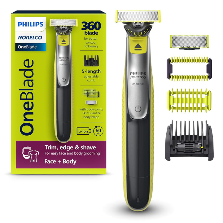 Oneblade 360 Hybrid Blade for Face + Body, Electric Beard Trimmer, Shaver and Groomer, with 360 Blade Technology, 5In1 Adjustable Comb, 1X Body Kit, Model QP2834/70, Black/Lime Green