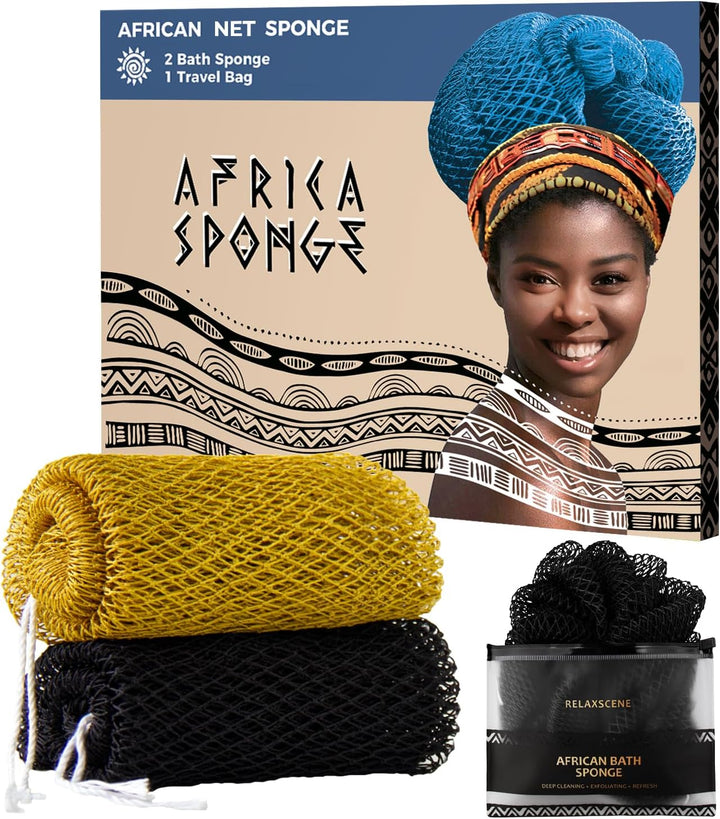African Net Sponge Authentic - 2 Pieces Loofah Exfoliating Body Scrubber Bath Sponge - Back Scrubber Washcloth for Shower - Real African Scrub Exfoliator Body Care Bathing Accessories for Women