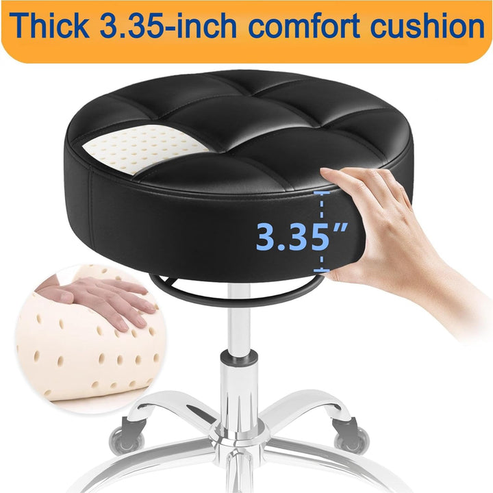 Heavy Duty 400Lb Rolling Stool: Super Soft Leather Seat Cushion, 360 Swivel, Height Adjustable, No Squeak, No Tip Over, Salon & Spa Stool (Black)