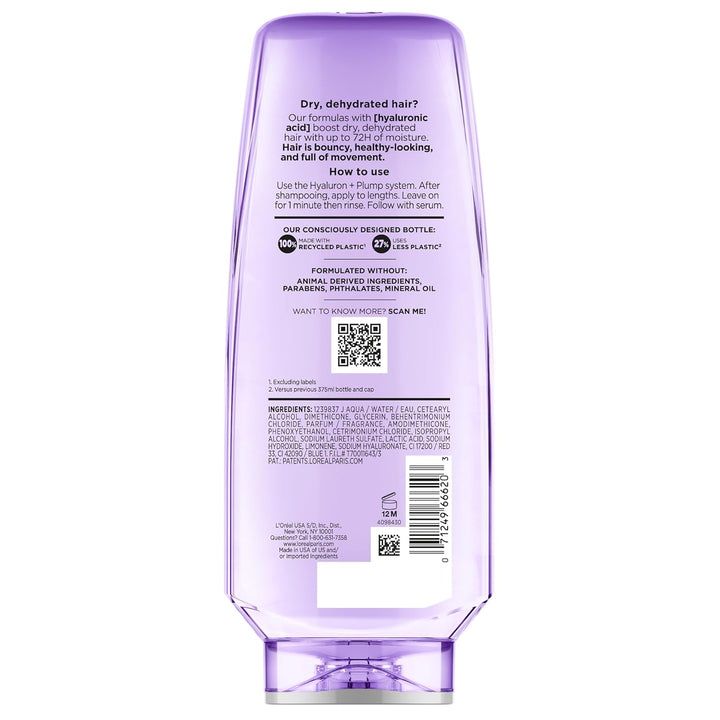 Elvive Hyaluron Plump Hydrating Conditioner for Dehydrated, Dry Hair Infused with Hyaluronic Acid Care Complex, Paraben-Free, 12.6 Fl Oz