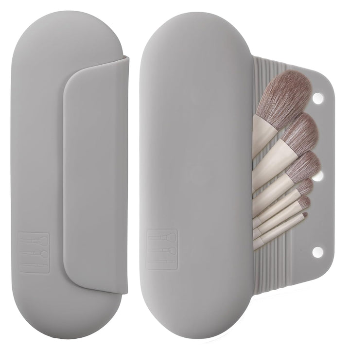 Silicone Makeup Brush Holder Travel Cosmetic Bag：Soft Portable Cosmetic Face Brushes Holder with Upgrade Anti-Fall Out Magnetic Closure, Large Travel Makeup Brush Case - Walnut