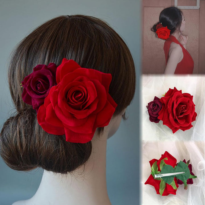 Flower Hair Combs, Rose Flower Bohemia Hairpin Bride Costume Hair Decor for Party Wedding Red(1Pc)