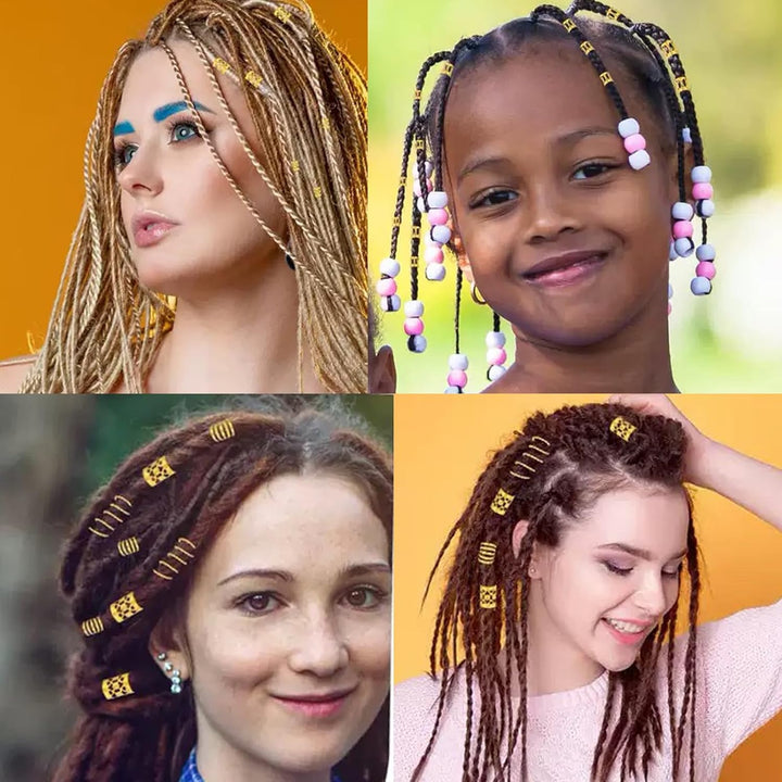 110 Pcs Gold Hair Jewelry for Braids and Dreadlocks - Metal Rings, Cuffs, Clips Accessory Decorations - Golden Yellow