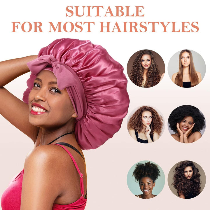 3Pcs Bonnets for Sleeping, Extra Satin Silk Bonnet for Sleeping Women with Tie Band for Curly Hair Jumbo Bonnet Braids