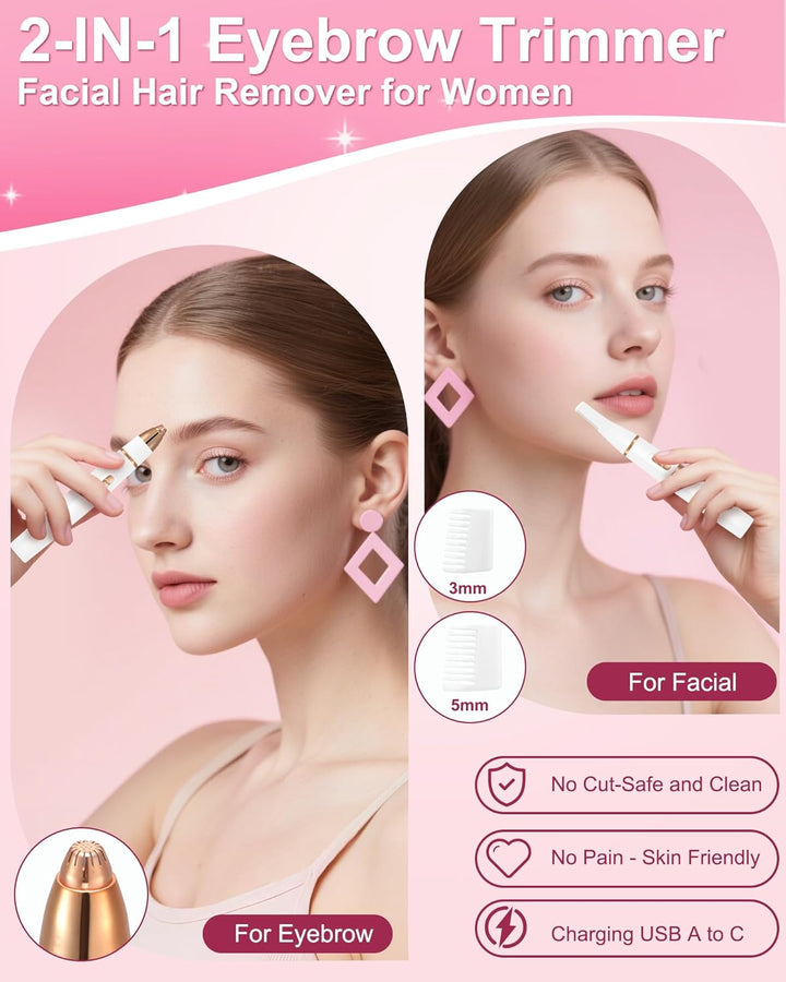 2 in 1 Facial Hair Trimmer for Women, Painless Eyebrow Trimmer for Women, Rechargeable Facial Remover for Eyebrow,Ear,Peach Fuzz,Dual Edge Blades for Easy Cleansing,White
