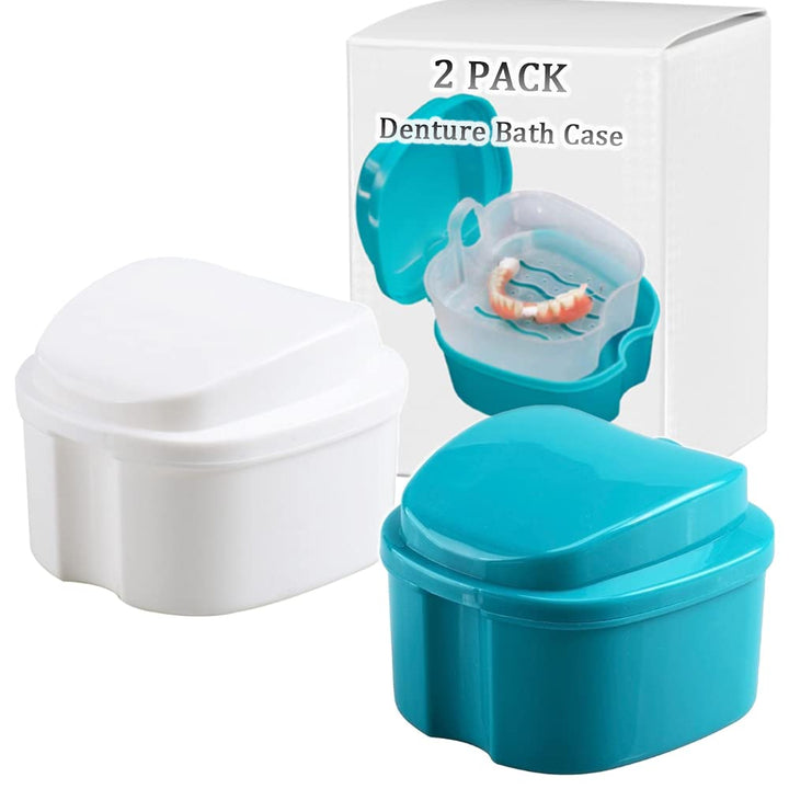 Denture Bath Box Cup, Complete Clean Care for Dentures, Clear Braces, Mouth Guard, Night Guard & Retainers, Traveling (Navy Blue & Blue)