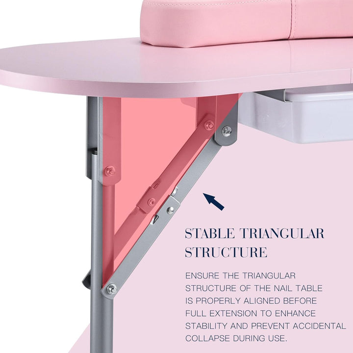 Professional Foldable & Portable Manicure Table Nail Technician Desk Workstation 4 Lockable Wheels with Drawer Client Wrist Pad Free Carrying Bag Travel Nail Tech Spa Beauty Table Pink