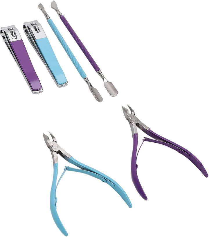 Professional Stainless Steel Cuticle Trimmer Nippers Set with Cuticle Pusher, Nail Care Tool Ideal for Home and Salon Use, Blue Purple