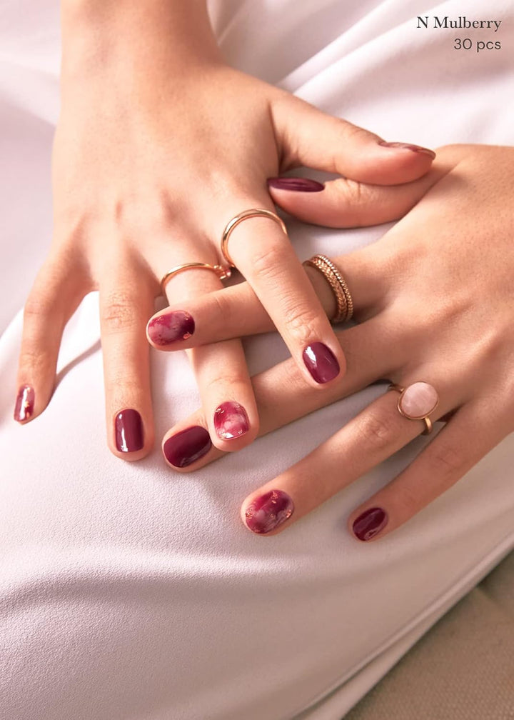 Semi Cured Gel Nail Strips (N Mulberry) - Red, Ombre, Works with Any UV/LED Lamps, Salon-Quality, Long Lasting, Easy to Apply & Remove - Includes 2 Prep Pads, Nail File & Wooden Stick