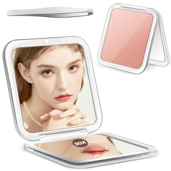 Compact Mirror, 30X Magnifying Mirror, Pocket Mirror for Purse, Travel Makeup Mirror with 30X/1X Magnification, Travel Essentials Mirrors, Precision Tweezers, Present for Girls