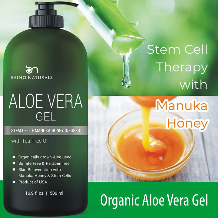 Aloe Vera Gel - from 100% Pure Organic Aloe Infused with Manuka Honey, Stem Cell, Tea Tree Oil - Natural Raw Moisturizer for Face, Body, Hair. Perfect for Sunburn, Acne, Razor Bumps 16.9 Fl Oz