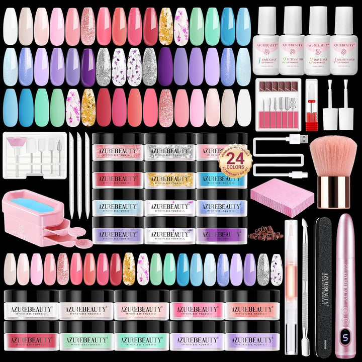 Dip Powder Nail Kit with Electric Nail Drill, 24 Colors Nude Pink Glitter Nail Powder Starter Kit with Dip Liquids Base Top Coat Activator Portable Manicure French Nail Art Essential Set