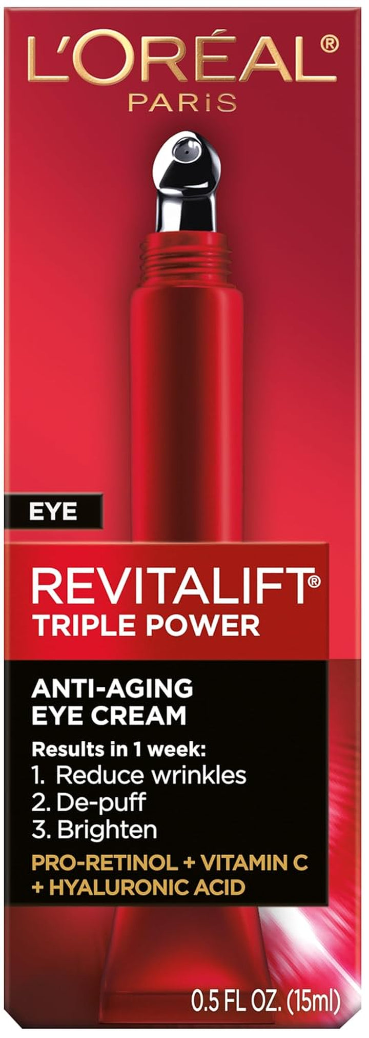 Revitalift Triple Power Anti-Aging Eye Cream, Pro Retinol, Hyaluronic Acid & Vitamin C, Reduce Wrinkles & Puffiness 0.5 Fl. Oz.