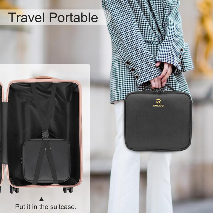 Travel Makeup Train Case Makeup Cosmetic Case Organizer Portable Artist Storage Bag with Adjustable Dividers for Cosmetics Makeup Brushes Toiletry Jewelry Digital Accessories Black
