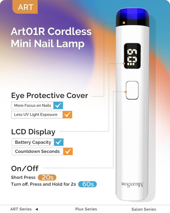 Handheld UV Light for Gel Nails, ART01R Cordless Gel X Nail Lamp Rechargeable with LCD Display, Eye-Protective Cover Flash Cure Nail Dryer for Rhinestone Glue Decoration DIY at Home White