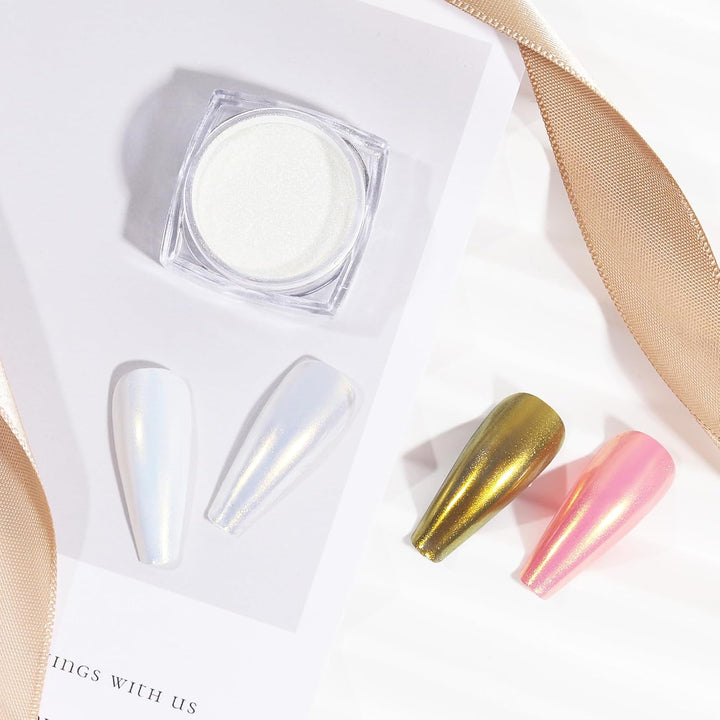 2 Jars Chrome Nail Powder White and Gold Pearl,Iridescent Aurora Powder Metallic Mirror Effect Pigment Pearlescent Mermaid Pearl Glitter Dust Kit (White and Gold)