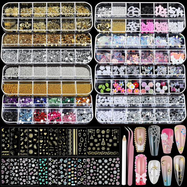 Nail Charms Nail Stickers for Nail Art Kit, 8 Boxes Nail Rhinestones Nail Gems Pearls for Nails with 20 Sheets Nail Art Stickers, 3D Gold Nail Charms and Gems Nail Supplies Nail Art Tools