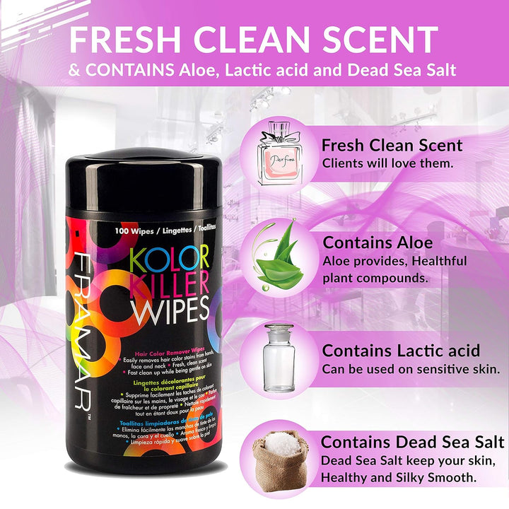 Kolor Killer Wipes – Hair Dye Remover for Skin, Hair Color Remover for Dyed Hair, Gentle on Skin, Pleasant Scent – Wipes Dispenser of 100