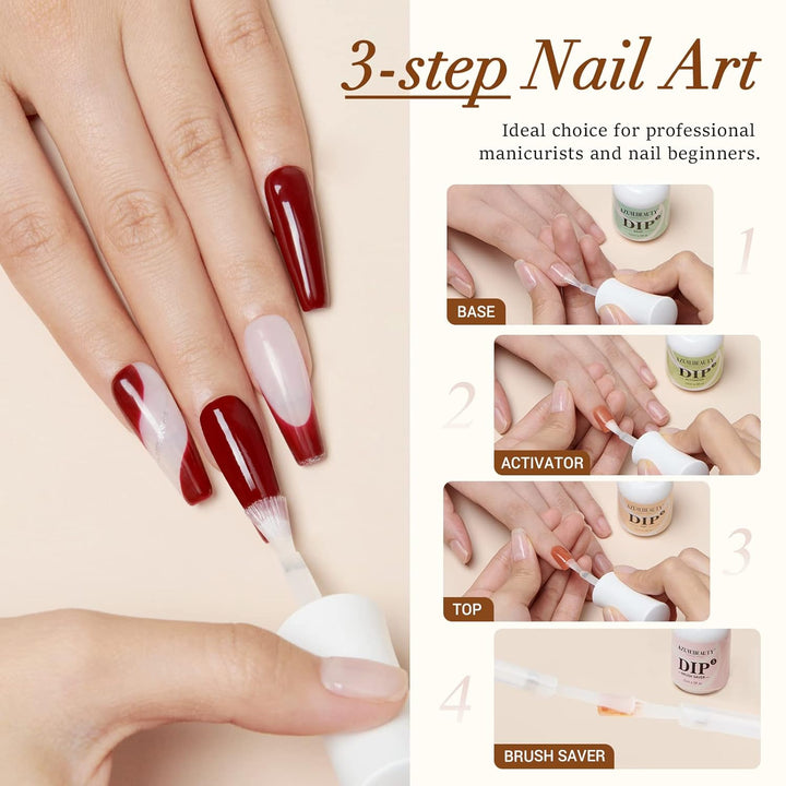 4+4Pc Dip Powder Liquid Set, 15Ml/0.5Oz, with Base/Top Coat, Activator, Brush Saver, Nail File– Fast Drying Formula, No UV Light Needed ﻿