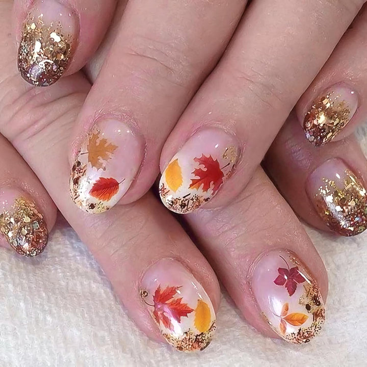 Medium Almond 3D Brown Gold Flower Press on Nails-‎ Tortoiseshell Leopard French Tip Blossom Gradient Design,24Pcs Handmade Fall/Autumn/New Year Glue on Acrylic Fake Nail Press Ons for Women