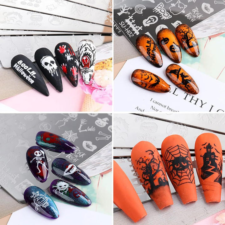 Halloween Nail Stamper Kit 6 Pcs Nail Plates +1 Nail Stamper + 1 Nail Scraper Horror Skull Spider Ghost Bat Nail Art Design Template Nail Stencils Plates Nail Supplies Tools Nail 8Pcs Set