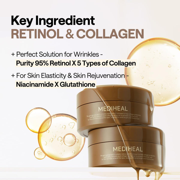 Retinol Collagen under Eye Patches - Korean Hydrogel Eye Pads (60 Patches) with 95% Retinol & 5 Micro Collagen. Nourishing & Non Irritating Eye Gel Mask. Sealing Cap & Spatula Included.