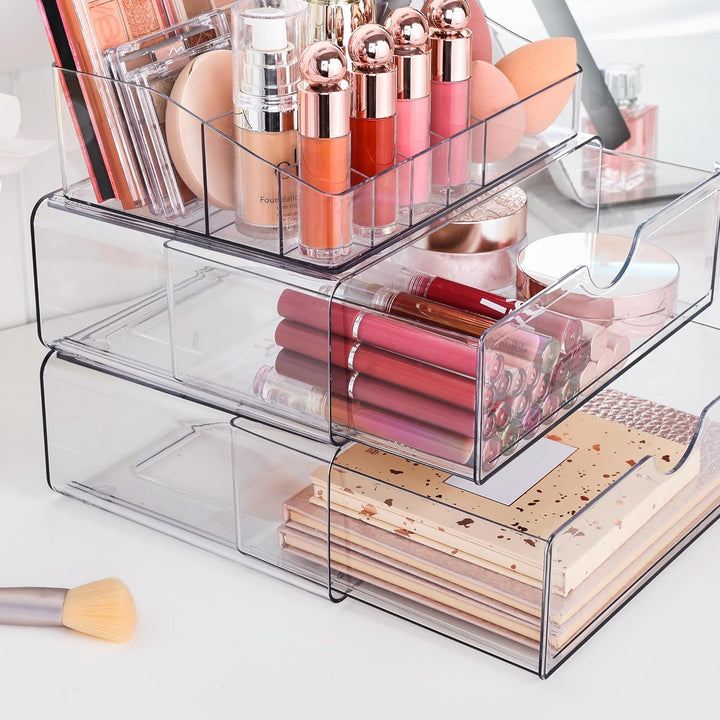 3 Tier Clear Makeup Organizer with Drawer, Cosmetic Storage for Dresser Countertop and Bathroom Vanity, Beauty Holder for Lipstick Brush Skincare