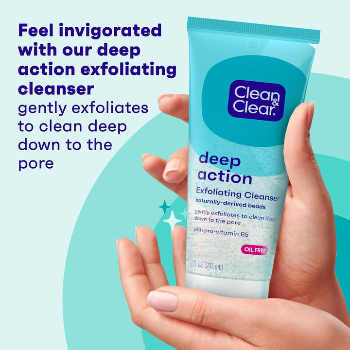 Deep Action Exfoliating Facial Cleanser, Scrub & Face Wash, Pro-Vitamin B5, Lactic & Glycolic Acids, Oil-Free Gentle Daily Exfoliator for Soft, Smooth, Hydrated Skin, Vegan, 7 Fl Oz Tube