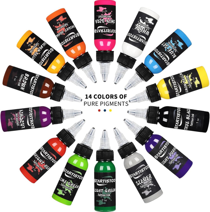 Professional Tattoo Ink Set 14 Colors 1OZ (30Ml) Vegan-Friendly Pigment Tattoo Ink Supplies Ink...