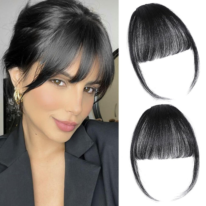 Clip in Bangs 100% Real Human Hair Extensions Wispy Natural Black Fake Bangs Hair Clip on Bangs for Women Fringe with Temples Hairpieces Faux Bangs for Daily Wear