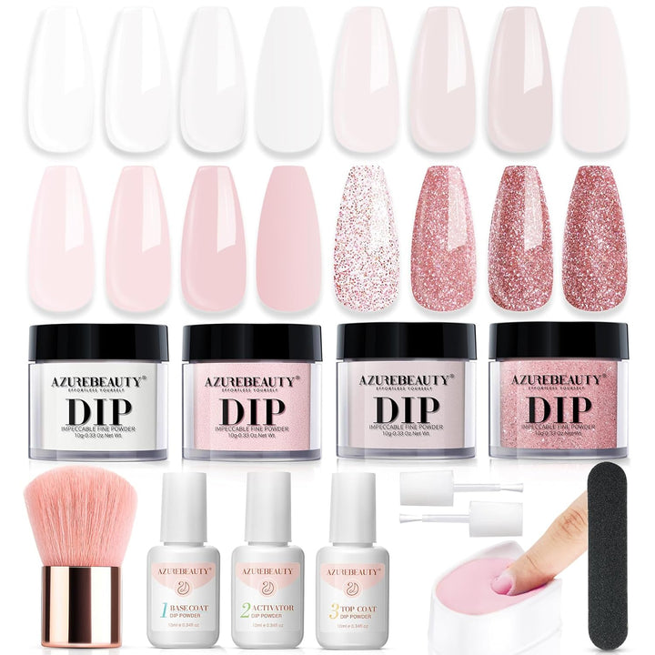 Dip Powder Nail Kit,4 Colors Nude Pink Glitter Hues,Starter Set for French Nails & All Seasons,Includes Base Coat, Top Coat, Activator & DIY Salon Liquids