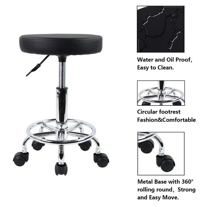 PU Leather round Rolling Stool with Foot Rest Swivel Height Adjustment Spa Drafting Salon Tattoo Work Office Massage Stools Task Chair Small (Black)